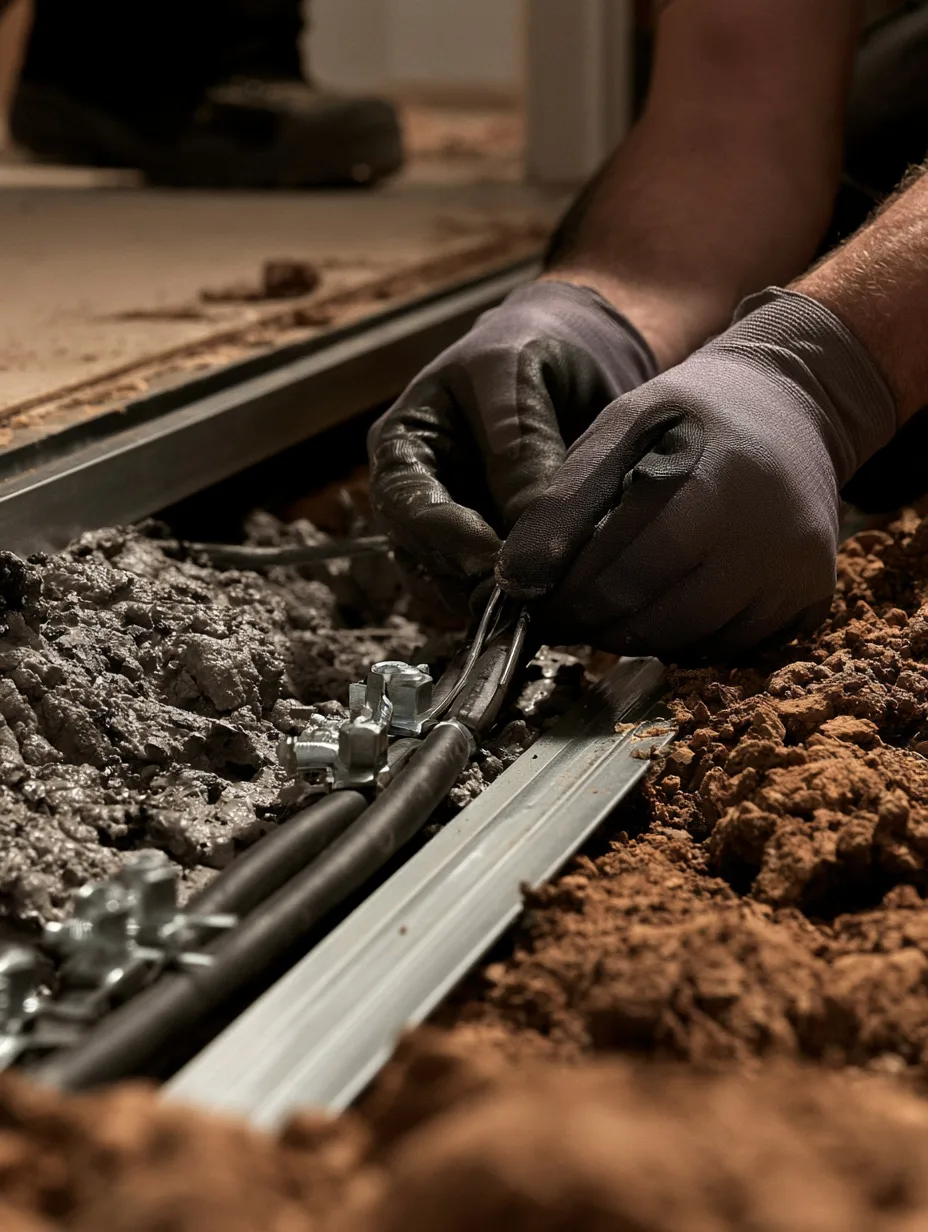 An engineer threading a cable through a floor void by hand