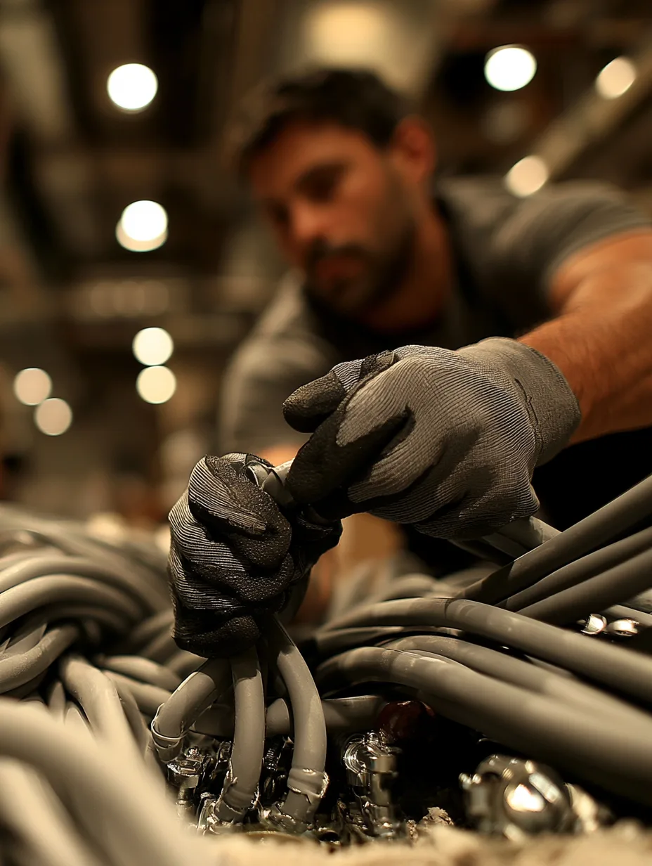 An engineer dressing a bundle of cables by hand in a plant room